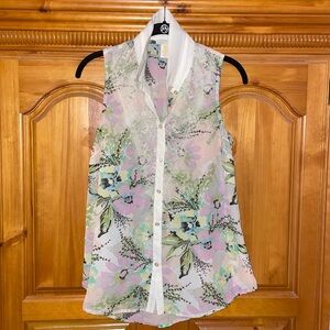 Sleeveless sheer button down blouse. Cream colored collar with cream lace